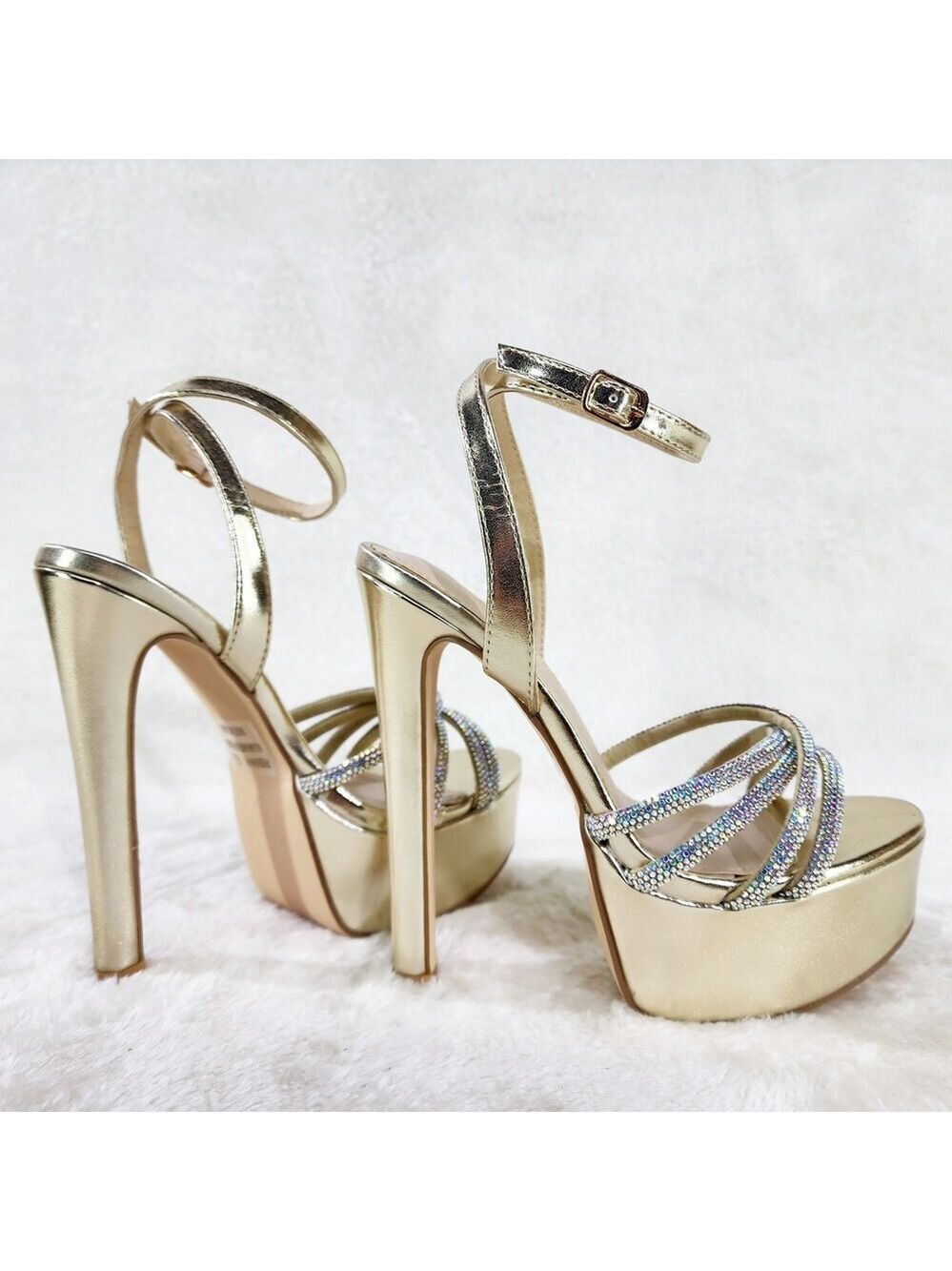 NIB City Nites Gold Platform 6" High Heels Ankle Wrap Shoes Sparkling Rhineston